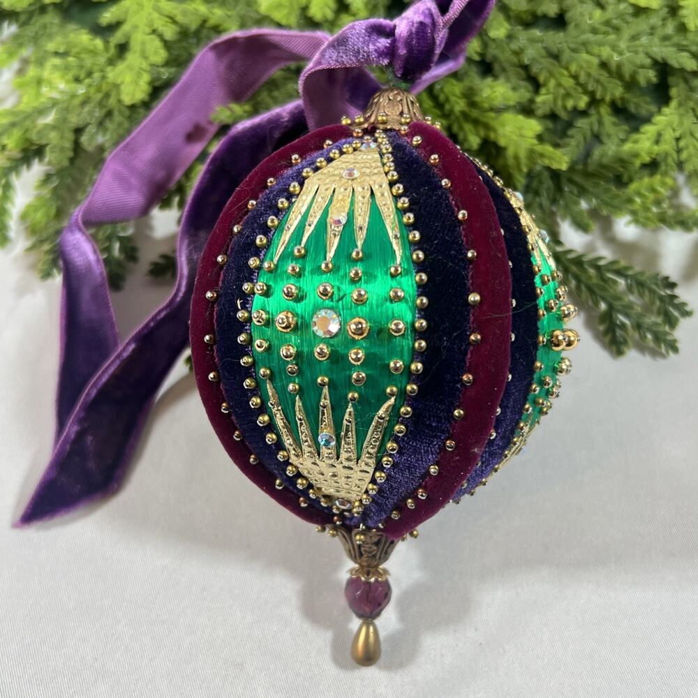Vintage Handmade Victorian Christmas Ornament Satin String Ball Purple Green
